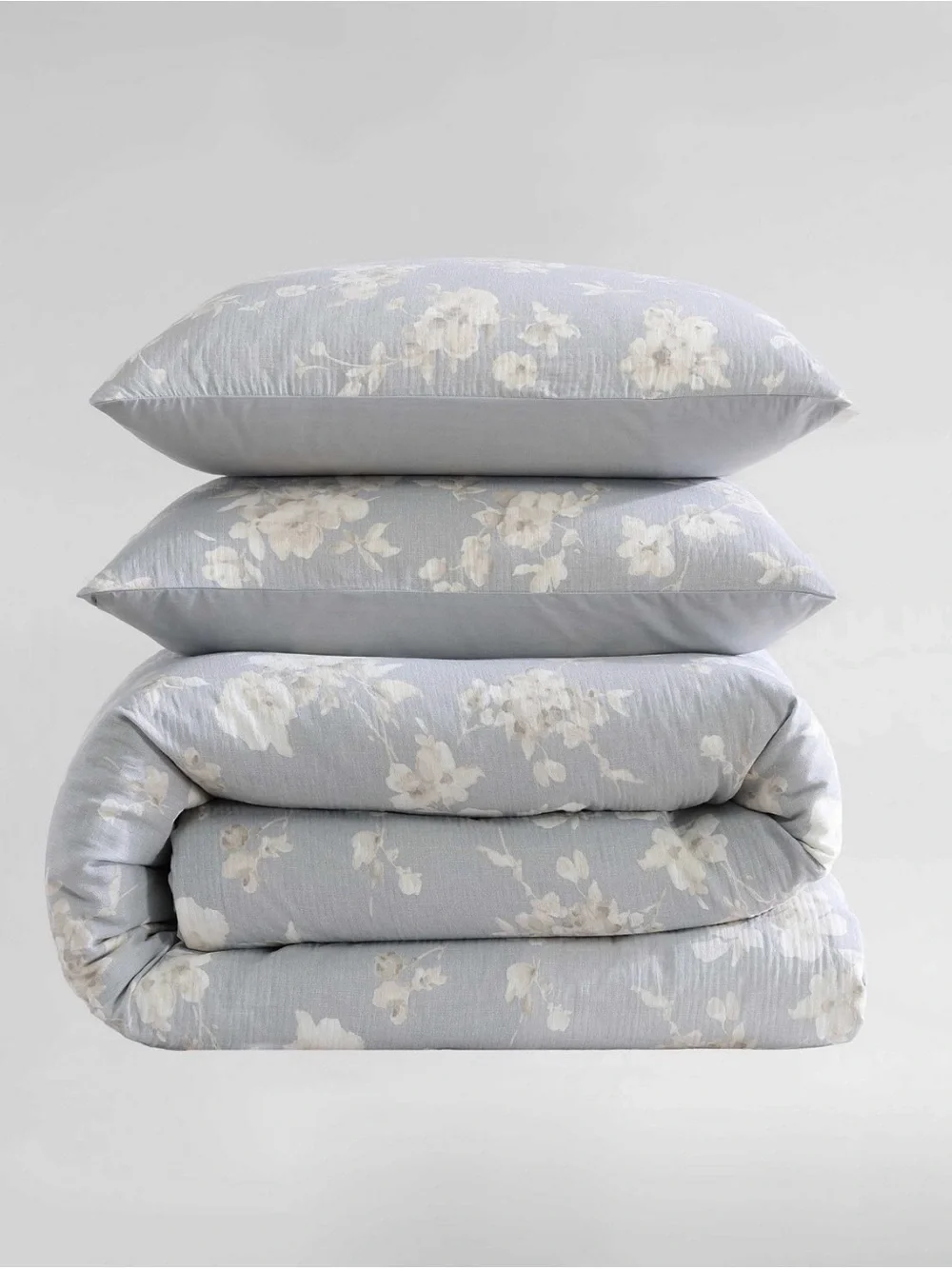 Calvin Klein Duvet Cover Set Queen Light Gray/Ivory Floral Cotten Gauze